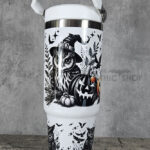 Halloween Owls with Pumpkins & Skull 30oz Gothic White Travel Tumbler