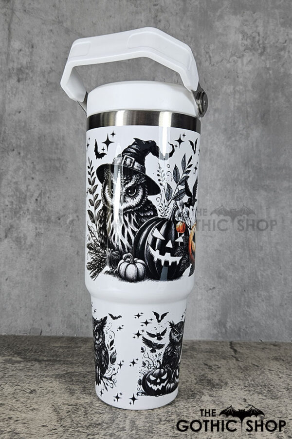 Halloween Owls with Pumpkins & Skull 30oz Gothic White Travel Tumbler