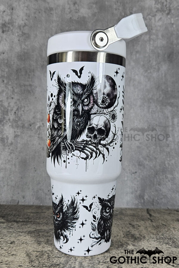 Halloween Owls with Pumpkins & Skull 30oz Gothic White Travel Tumbler