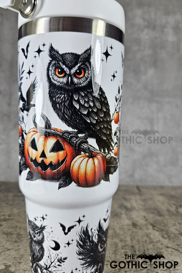 Halloween Owls with Pumpkins & Skull 30oz Gothic White Travel Tumbler
