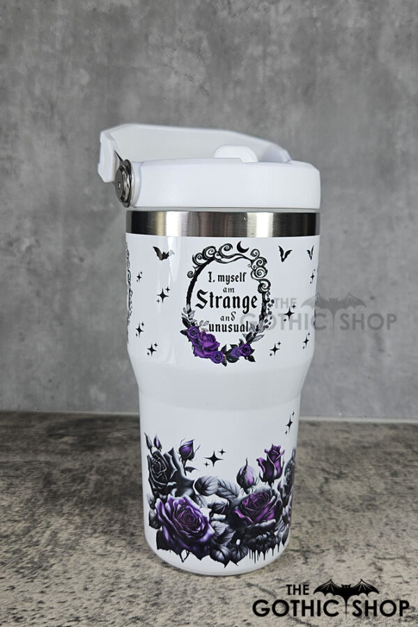 Strange Unusual Purple Roses Cameo 20oz Gothic White Travel Tumbler with Top Handle
