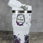 Strange Unusual Purple Roses Cameo 20oz Gothic White Travel Tumbler with Top Handle