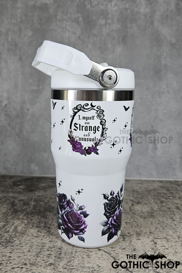 Strange Unusual Purple Roses Cameo 20oz Gothic White Travel Tumbler with Top Handle