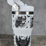 Halloween Owls with Pumpkins & Skulls 20oz Gothic White Travel Tumbler