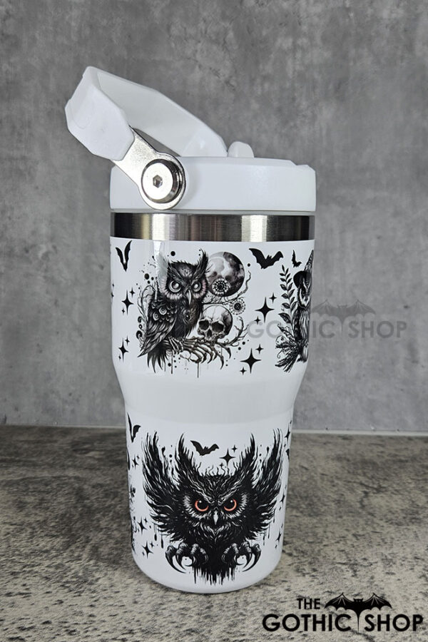 Halloween Owls with Pumpkins & Skulls 20oz Gothic White Travel Tumbler