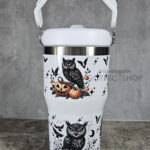 Halloween Owls with Pumpkins & Skulls 20oz Gothic White Travel Tumbler