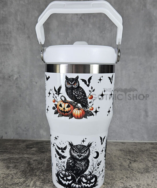 Halloween Owls with Pumpkins & Skulls 20oz Gothic White Travel Tumbler