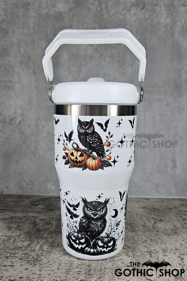 Halloween Owls with Pumpkins & Skulls 20oz Gothic White Travel Tumbler