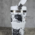 Halloween Owls with Pumpkins & Skulls 20oz Gothic White Travel Tumbler