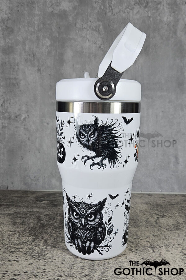 Halloween Owls with Pumpkins & Skulls 20oz Gothic White Travel Tumbler
