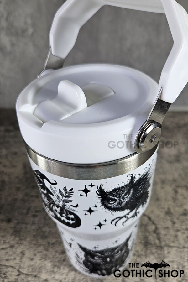 Halloween Owls with Pumpkins & Skulls 20oz Gothic White Travel Tumbler