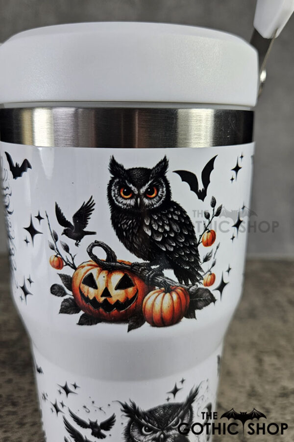 Halloween Owls with Pumpkins & Skulls 20oz Gothic White Travel Tumbler