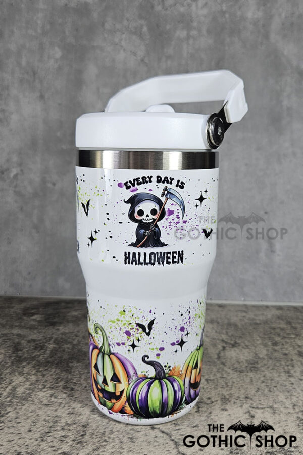 Grim Reaper & Pumpkins Every Day is Halloween 20oz White Travel Tumbler