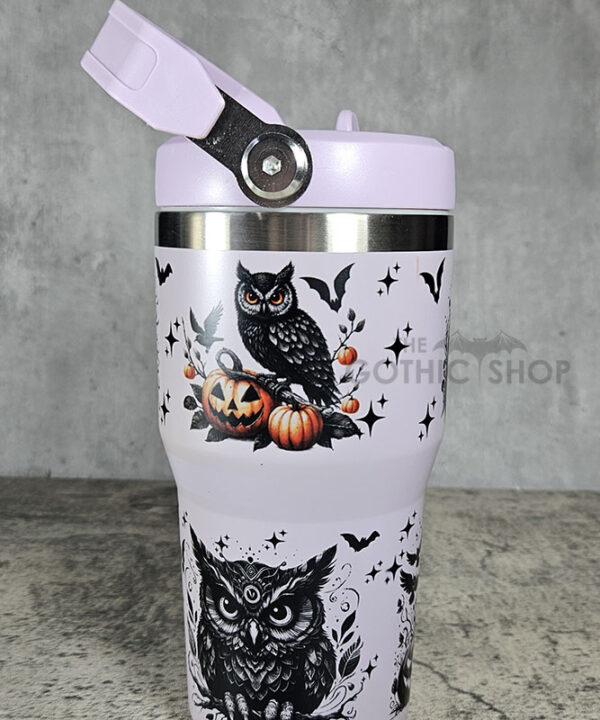 Halloween Owls with Pumpkins & Skulls 20oz Gothic Purple Travel Tumbler