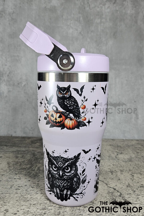 Halloween Owls with Pumpkins & Skulls 20oz Gothic Purple Travel Tumbler