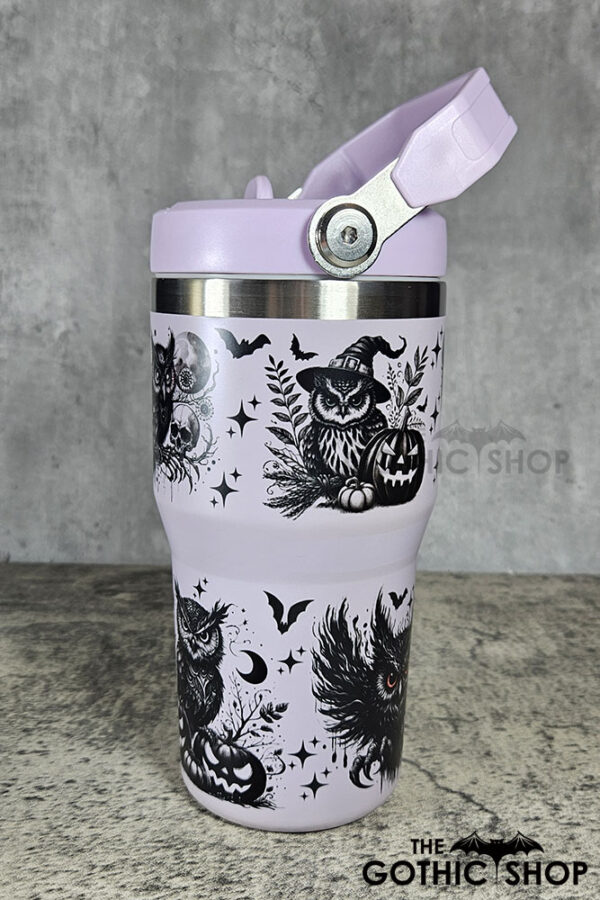 Halloween Owls with Pumpkins & Skulls 20oz Gothic Purple Travel Tumbler
