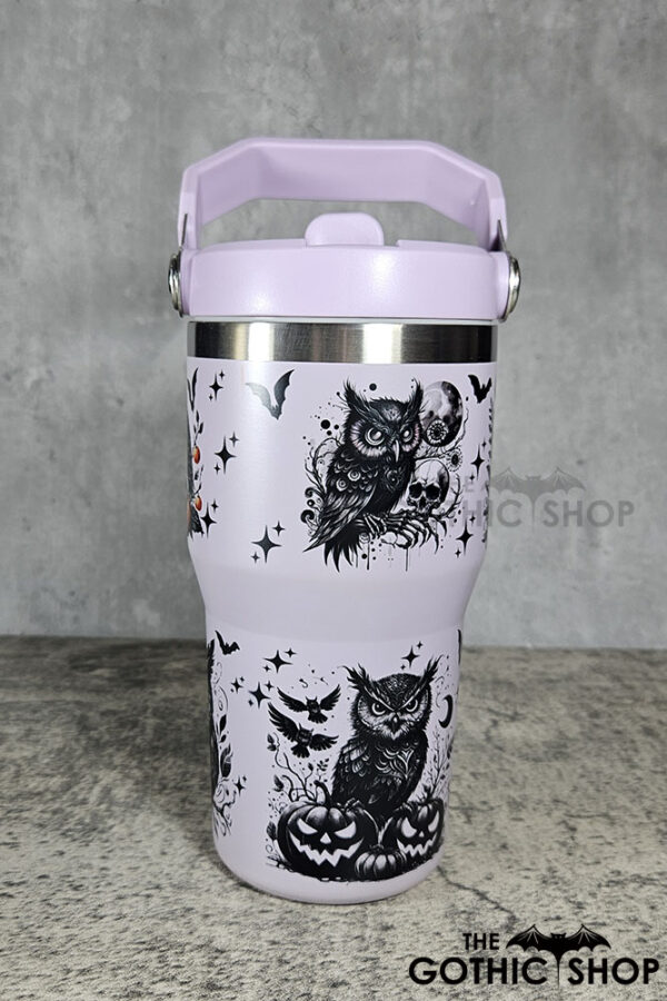 Halloween Owls with Pumpkins & Skulls 20oz Gothic Purple Travel Tumbler