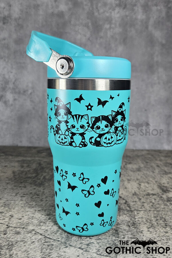 Halloween Witchy Cats & Pumpkins 20oz Gothic Turquoise Travel Tumbler