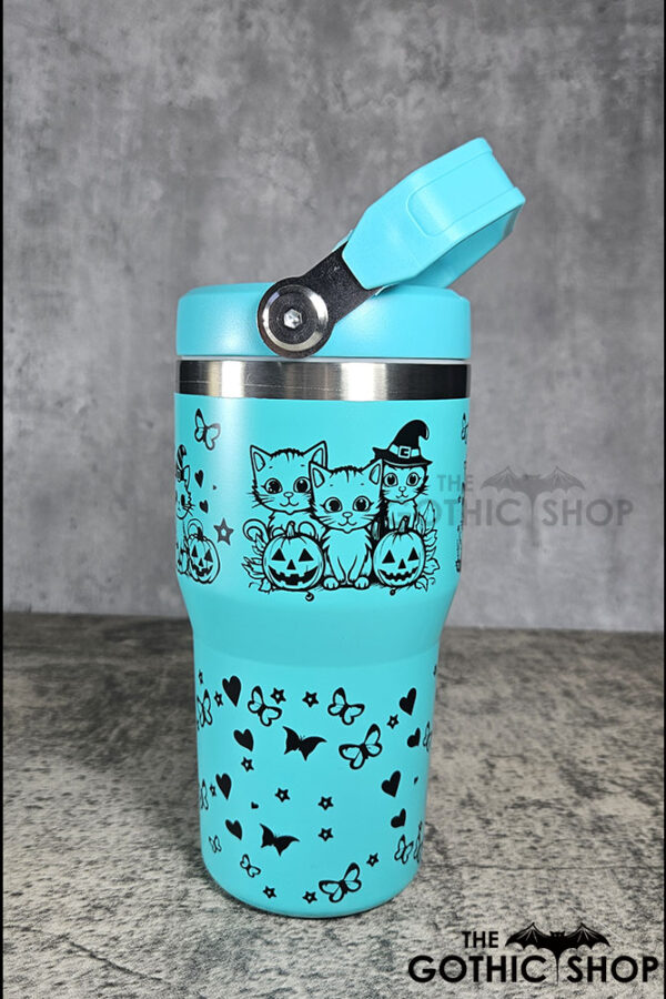Halloween Witchy Cats & Pumpkins 20oz Gothic Turquoise Travel Tumbler