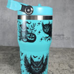 Halloween Owls with Pumpkins & Skulls 20oz Gothic Turquoise Travel Tumbler