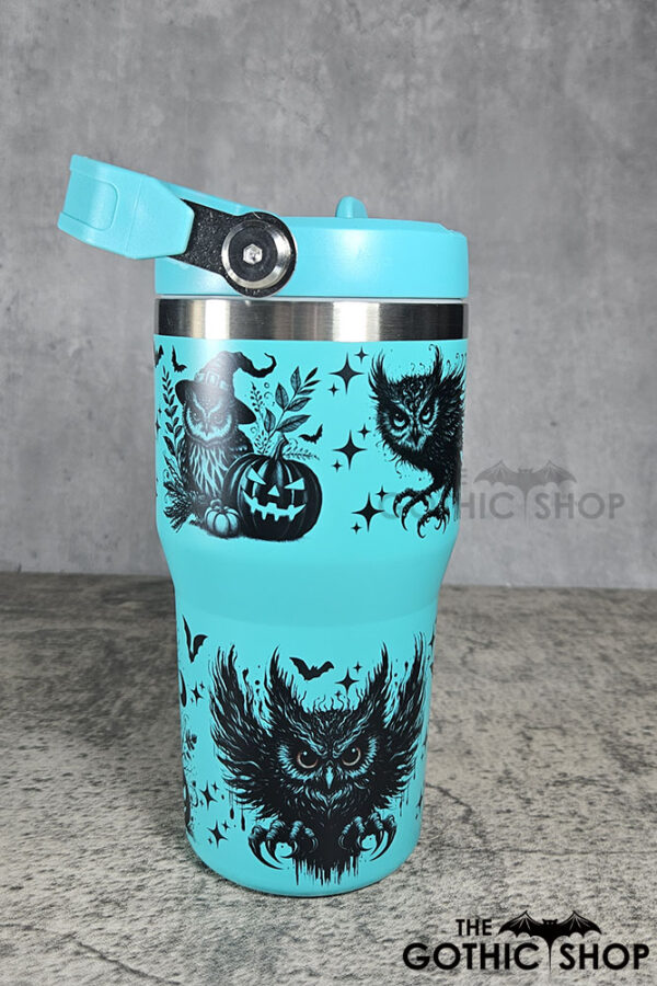Halloween Owls with Pumpkins & Skulls 20oz Gothic Turquoise Travel Tumbler