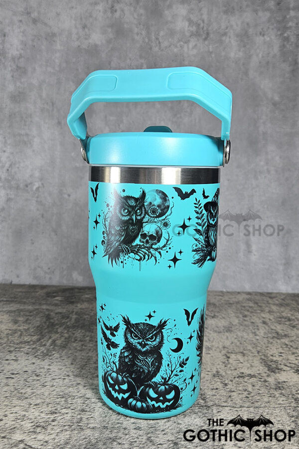 Halloween Owls with Pumpkins & Skulls 20oz Gothic Turquoise Travel Tumbler