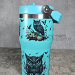 Halloween Owls with Pumpkins & Skulls 20oz Gothic Turquoise Travel Tumbler