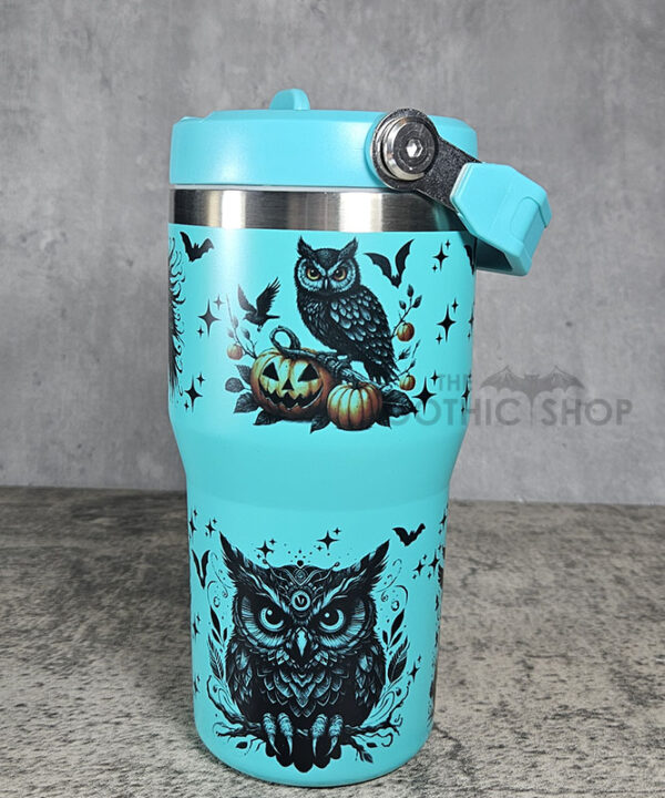 Halloween Owls with Pumpkins & Skulls 20oz Gothic Turquoise Travel Tumbler