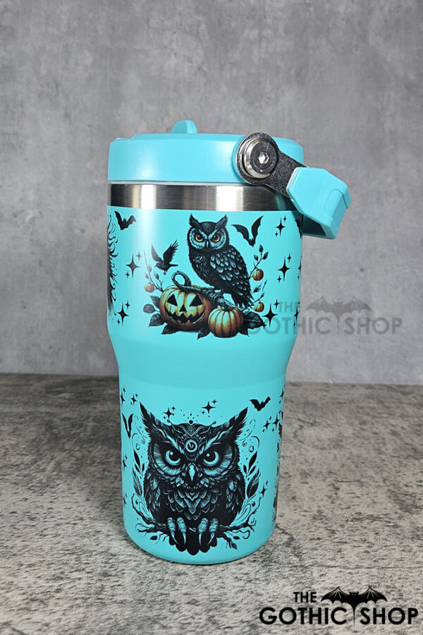 Halloween Owls with Pumpkins & Skulls 20oz Gothic Turquoise Travel Tumbler