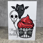 Red Cupcake & Skull Bat Balloons Gothic Birthday Greetings Card