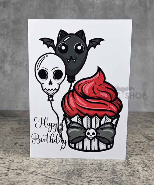 Red Cupcake & Skull Bat Balloons Gothic Birthday Greetings Card