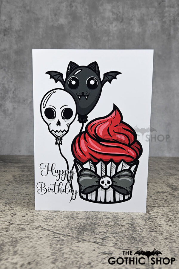 Red Cupcake & Skull Bat Balloons Gothic Birthday Greetings Card