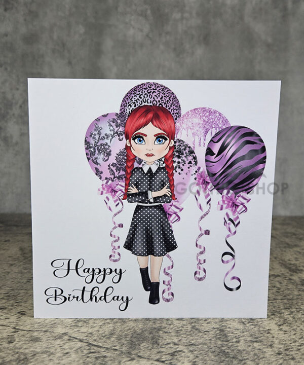 Willow Goth Girl & Purple Balloons Birthday Greetings Card
