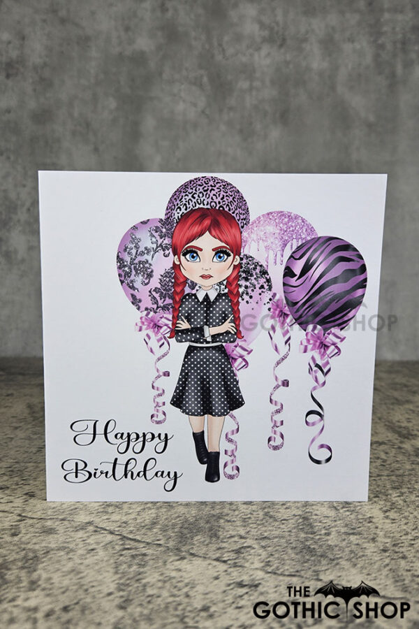 Willow Goth Girl & Purple Balloons Birthday Greetings Card