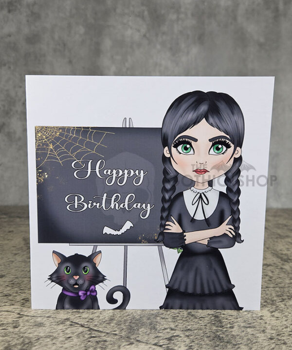 Willow Goth Girl & Cat Blackboard Happy Birthday Greetings Card