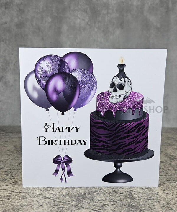 Skull Cake Purple Balloons Birthday Gothic Greetings Card