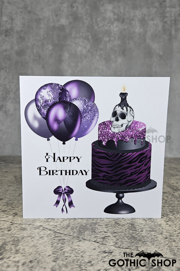 Skull Cake Purple Balloons Birthday Gothic Greetings Card