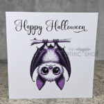 Happy Halloween Betty Hanging Kawaii Purple Bat Greetings Card