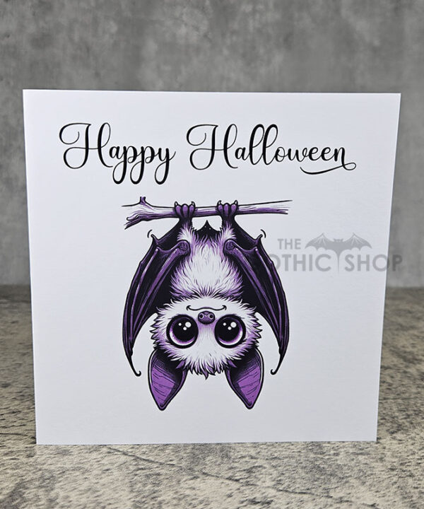 Happy Halloween Betty Hanging Kawaii Purple Bat Greetings Card
