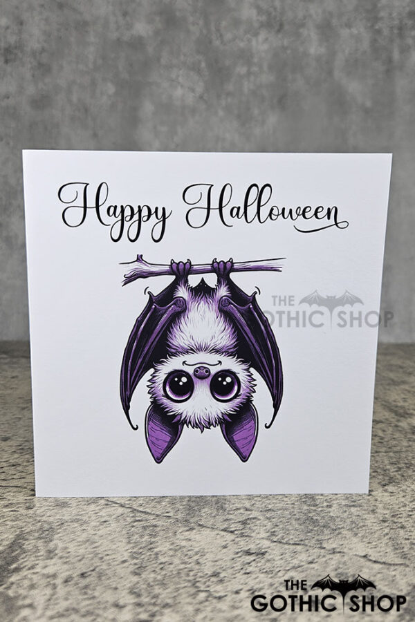 Happy Halloween Betty Hanging Kawaii Purple Bat Greetings Card
