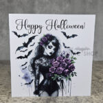 Happy Halloween Goth Lady & Purple Roses Gothic Greetings Card