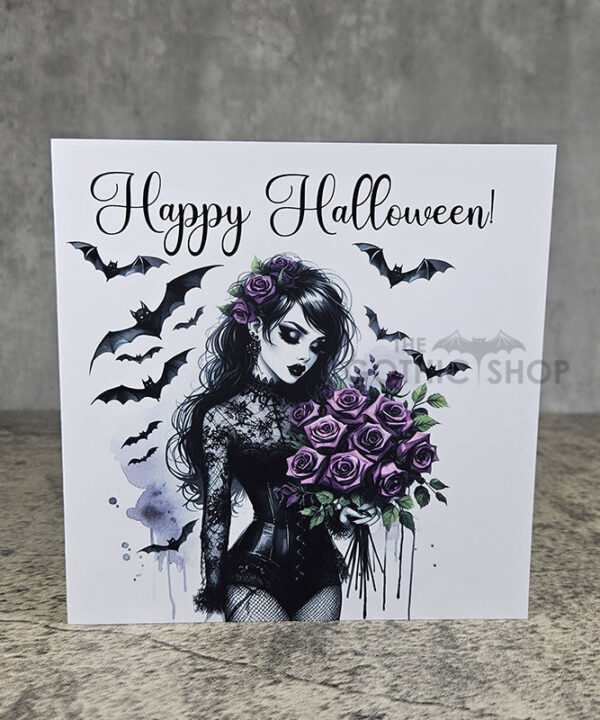 Happy Halloween Goth Lady & Purple Roses Gothic Greetings Card