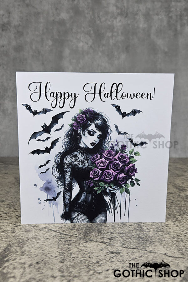 Happy Halloween Goth Lady & Purple Roses Gothic Greetings Card