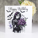 happy halloween belladonna goth lady & purple roses gothic greetings card
