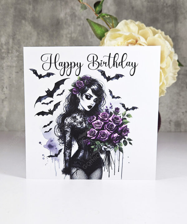 happy halloween belladonna goth lady & purple roses gothic greetings card