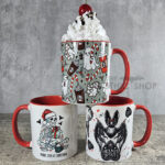 Ghostbucks Peppermint & Candy Canes Ghosties, bat and skekelton Gothic Christmas Red Mug