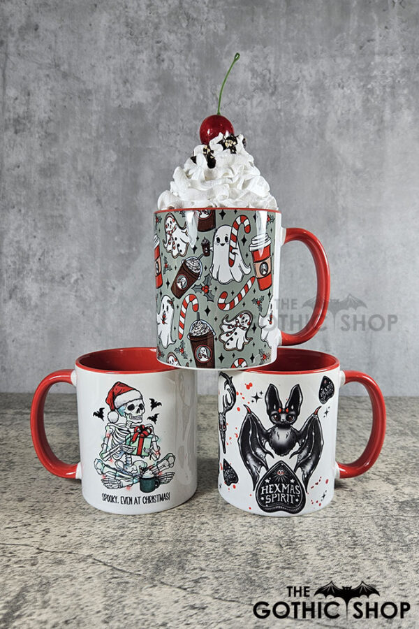 Ghostbucks Peppermint & Candy Canes Ghosties, bat and skekelton Gothic Christmas Red Mug