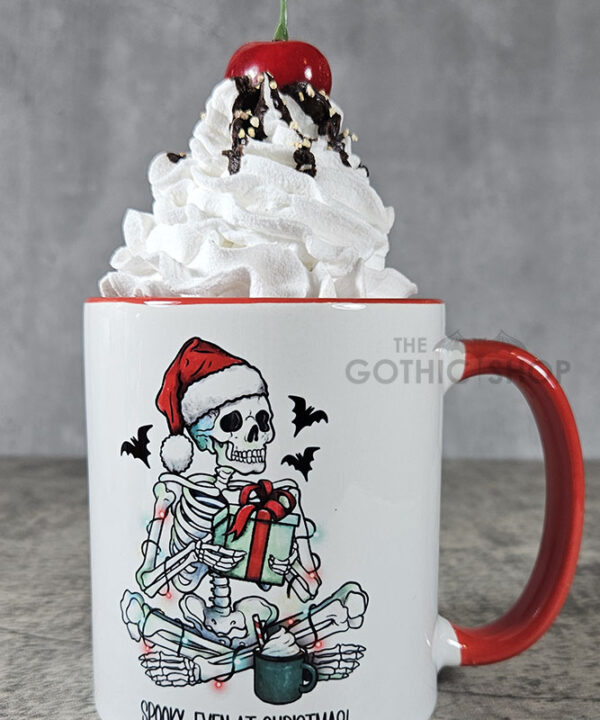 Spooky Skeleton with Gift Gothic Christmas Red Mug