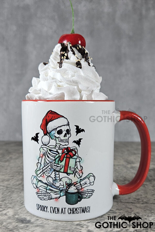 Spooky Skeleton with Gift Gothic Christmas Red Mug