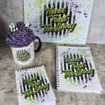 Never Trust The Living Grunge Striped Gothic Halloween Mug, notebooks and chopping board.